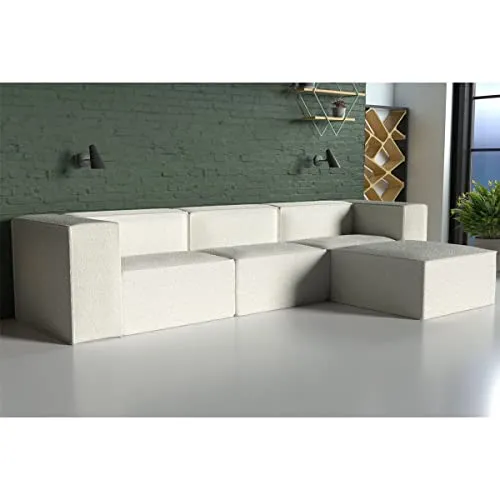 HOMIFAB Canapé d'angle modulable 5 Places en Tissu bouclé écru - Roma - Fabriqué en France