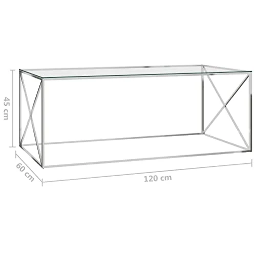 vidaXL Table Basse Table d'Appoint Table de Canapé Meuble de Salon Salle de Séjour Maison Intérieur Argenté 120x60x45 cm Acier Inoxydable et Verre