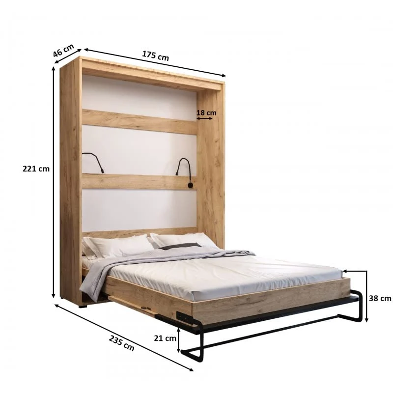 mb-moebel Armoire lit escamotable vertikal Double avec Coffre (18 cm d'espace lorsqu'il est fermé) avec ou sans Matelas - Style Contemporain - Depp Craft Or+Noir Mat (sans Matelas, 160)