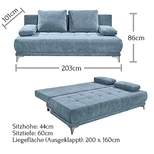 Stella Trading Jenny Lux.3DL Canapé-lit Longue en microvelours et Uran 05 Bleu Jean 203 x 86 x 101 cm