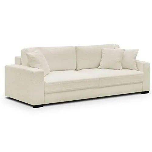 HOMIFAB Canapé Convertible 3 Places en Tissu Bouclette écru avec Coffre de Rangement - Robin