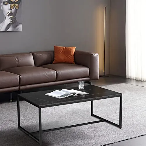 FATIVO Table Basse Marbre de Salon: Table Café Industrielle Rectangulaire Design Table Basse Noir Moderne Scantinave en Pierre Frittée Grand Plateau pour Salon Bureau Café - Noir 100x60x43cm