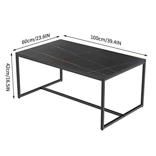 FATIVO Table Basse Marbre de Salon: Table Café Industrielle Rectangulaire Design Table Basse Noir Moderne Scantinave en Pierre Frittée Grand Plateau pour Salon Bureau Café - Noir 100x60x43cm