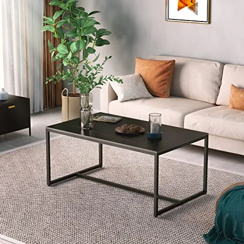 FATIVO Table Basse Marbre de Salon: Table Café Industrielle Rectangulaire Design Table Basse Noir Moderne Scantinave en Pierre Frittée Grand Plateau pour Salon Bureau Café - Noir 100x60x43cm