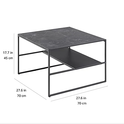 Marque Amazon - Movian Table basse avec étagère, plateau effet marbre, base en métal noir, 70 x 70 x 45 cm