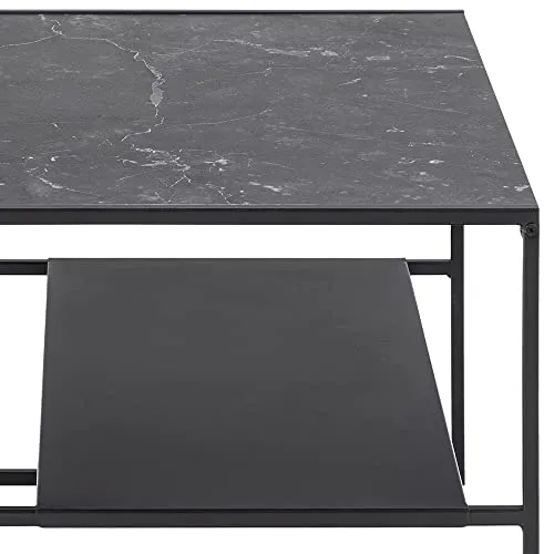 Marque Amazon - Movian Table basse avec étagère, plateau effet marbre, base en métal noir, 70 x 70 x 45 cm