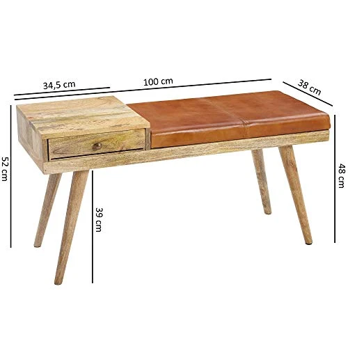 FineBuy Banc Peau de chèvre Bois Massif 100 x 52 x 38 cm Style rétro | Banquette Couloir avec Espace de Rangement | Banc en Cuir rembourré Stockage | Petit Banc de lit Cuir véritable