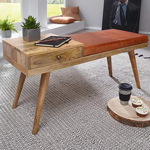 FineBuy Banc Peau de chèvre Bois Massif 100 x 52 x 38 cm Style rétro | Banquette Couloir avec Espace de Rangement | Banc en Cuir rembourré Stockage | Petit Banc de lit Cuir véritable