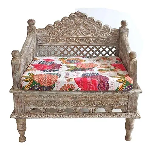 A.S Industries Chaise de jardin indienne sculptée à la main Blanc délavé 60 cm