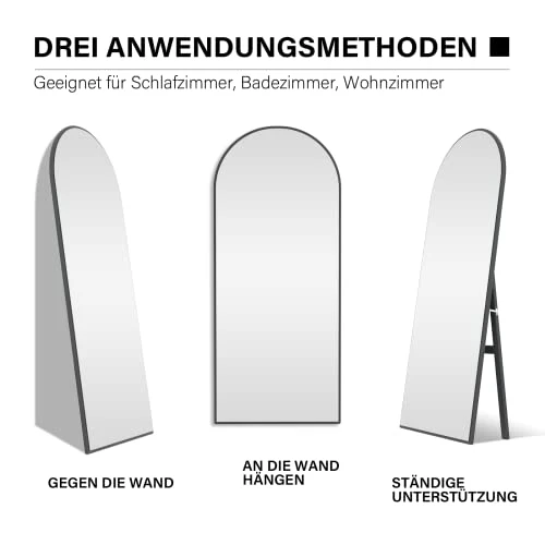 CASSILANDO Miroir de sol avec support - 150 x 50 cm - Miroir de sol arrondi - Grand miroir mural dans la chambre à coucher, le dressing (noir)