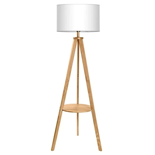 Tomons Lampadaire Trépied en Bois, Lampe sur Pied avec Tablette et Ampoule E27 8W, Abat-Jour en Tissu Blanc, Style Scandinave, Moderne Nordique pour Salon, Chambre, Bureau