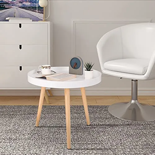 WOLTU Table Basse Ronde en Bois Massif, Petite Table de Salon Décoratif Table d'appoint Moderne Blanche Chêne 50x44 cm (ø x H) TS143ws