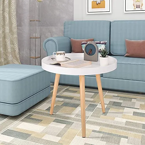 WOLTU Table Basse Ronde en Bois Massif, Petite Table de Salon Décoratif Table d'appoint Moderne Blanche Chêne 50x44 cm (ø x H) TS143ws