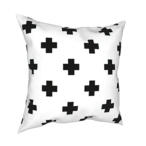 Housse de coussin carrée avec fermeture éclair invisible Motif croix suisse Noir/blanc 45,7 x 45,7 cm