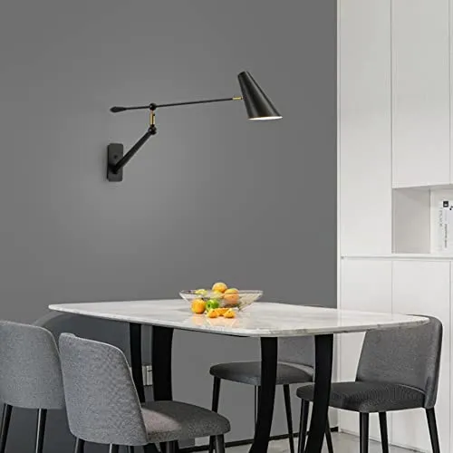 OOWOKS Applique murale industrielle rétro avec interrupteur Applique murale en métal noir E27 Spot mural pivotant réglable à bras long, pour lampes de lecture de chevet de chambre à coucher