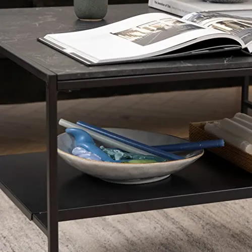 Marque Amazon - Movian Table basse avec étagère, plateau effet marbre, base en métal noir, 70 x 70 x 45 cm