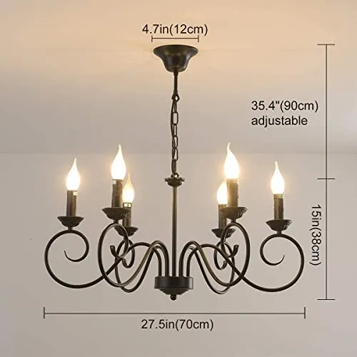 JIINOO Lustre Style Traditionnel Pays, Vintage Bougie Réglable en Hauteur Suspension Luminaire Lustre Suspendu en Fer, 6 E14 Lumières Ferme Classique Pendentif Éclairage Luminaire pour Cuisine Salon