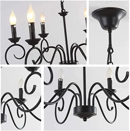 JIINOO Lustre Style Traditionnel Pays, Vintage Bougie Réglable en Hauteur Suspension Luminaire Lustre Suspendu en Fer, 6 E14 Lumières Ferme Classique Pendentif Éclairage Luminaire pour Cuisine Salon