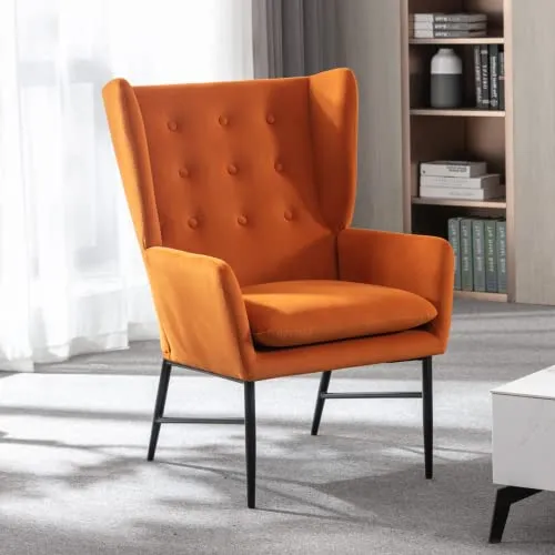Wahson Grand Fauteuil 1 Place Salon Scandinave Pieds Métal, Chaise Salon en Velour Assise Rembourré Confortable avec Accoudoirs pour Salon/Chambre, Orange