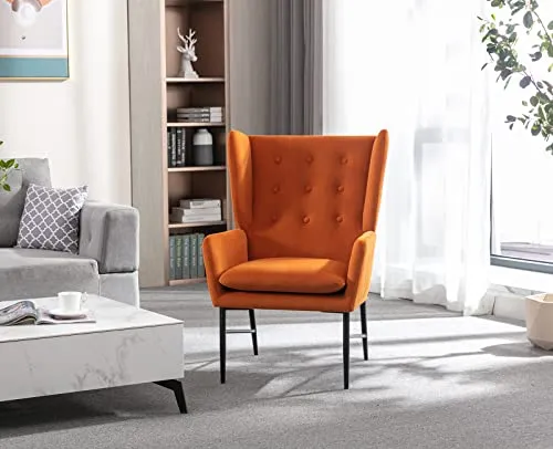 Wahson Grand Fauteuil 1 Place Salon Scandinave Pieds Métal, Chaise Salon en Velour Assise Rembourré Confortable avec Accoudoirs pour Salon/Chambre, Orange