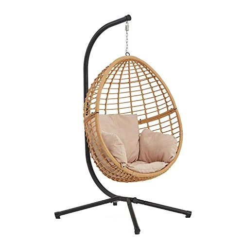 CONCEPT USINE - Fauteuil Suspendu Beige en Résine Tressée Façon Rotin Design Auroa - Structure en Acier - Coussin Déhoussable - Revêtement en Poudre - Hamac Assis - Waterproof, Résistant