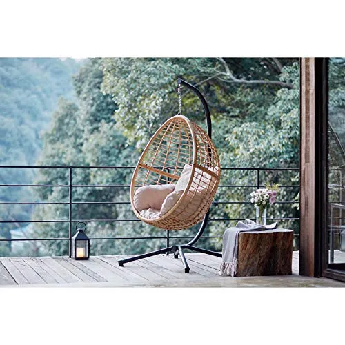 CONCEPT USINE - Fauteuil Suspendu Beige en Résine Tressée Façon Rotin Design Auroa - Structure en Acier - Coussin Déhoussable - Revêtement en Poudre - Hamac Assis - Waterproof, Résistant