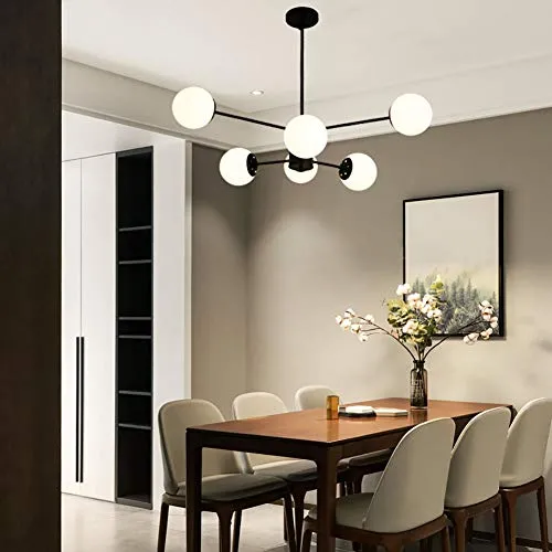 Or Spoutnik Lustre 6-lumières Millésime Métal Suspension Luminaire Avec Blanc Globe Verre Ombre Moderne Industriel Plafonnier Pour Salon Chambre-Noir. 6 lumière