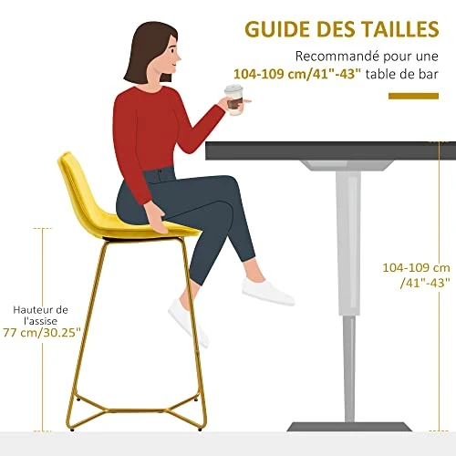 HOMCOM Tabouret de Bar Lot de 2 avec Repose-Pieds Hauteur 103 cm - piètement métal doré - Jaune