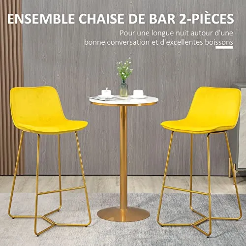 HOMCOM Tabouret de Bar Lot de 2 avec Repose-Pieds Hauteur 103 cm - piètement métal doré - Jaune
