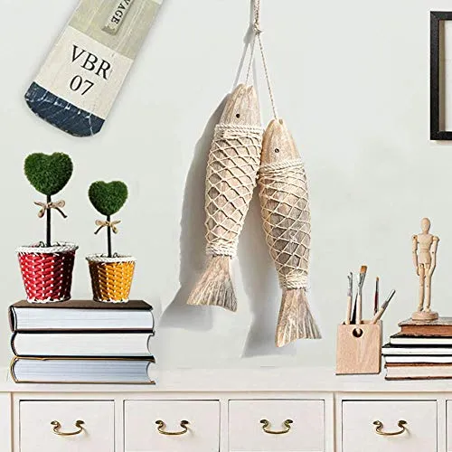 2 Pièces Décoration de Poisson en Bois, Art Mural Suspendu de Poisson en Bois, Ornement de Poisson en Bois Nautique Antique, Art Mural sur Le thème de la Plage pour la décoration Murale de la Maison