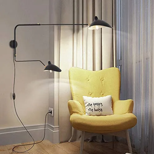 Bras Long Applique Murale Interieur avec Interrupteur Industrielle Lampe Murale Vintage Retro Bras Articule Pivotant Créative Design Luminaire de Lecture Lumiere Chevet Eclairage Métal Noir 180-118cm