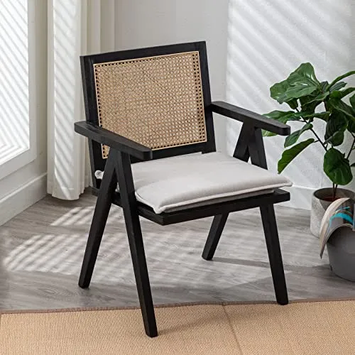 Wahson Chaise à Accoudoirs en Cannage avec Rembourrage Chaise Salle à Manger en Bois en Rotin Chaise de Cuisine Vintage, Fauteuil Rétro Confortable pour Salon/Cuisine/Balcon, Noir