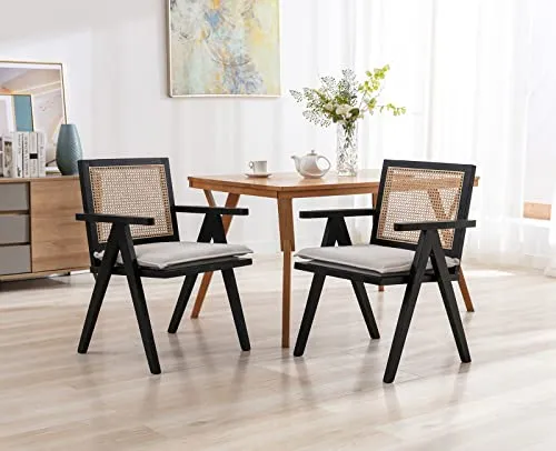 Wahson Chaise à Accoudoirs en Cannage avec Rembourrage Chaise Salle à Manger en Bois en Rotin Chaise de Cuisine Vintage, Fauteuil Rétro Confortable pour Salon/Cuisine/Balcon, Noir