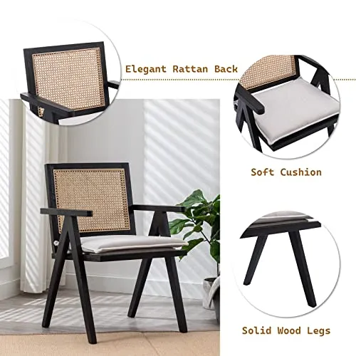 Wahson Chaise à Accoudoirs en Cannage avec Rembourrage Chaise Salle à Manger en Bois en Rotin Chaise de Cuisine Vintage, Fauteuil Rétro Confortable pour Salon/Cuisine/Balcon, Noir