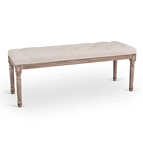 VONLUCE Banc Banquette Design Classique, Banc Rembourrée en Tissu, Banc Capitonné en Lin et Bois Massif pour Chambre Salle à Manger Salon Couloir Piano (120 x 40 x 46 cm)