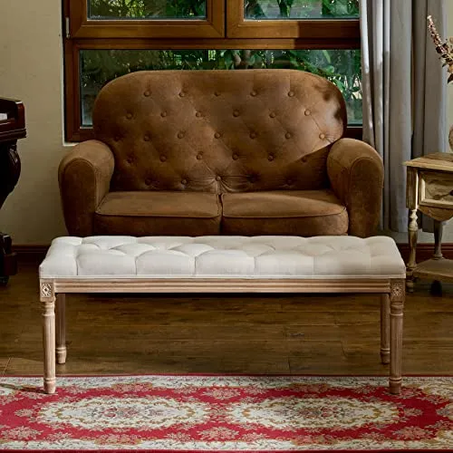 VONLUCE Banc Banquette Design Classique, Banc Rembourrée en Tissu, Banc Capitonné en Lin et Bois Massif pour Chambre Salle à Manger Salon Couloir Piano (120 x 40 x 46 cm)