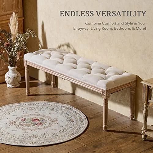 VONLUCE Banc Banquette Design Classique, Banc Rembourrée en Tissu, Banc Capitonné en Lin et Bois Massif pour Chambre Salle à Manger Salon Couloir Piano (120 x 40 x 46 cm)