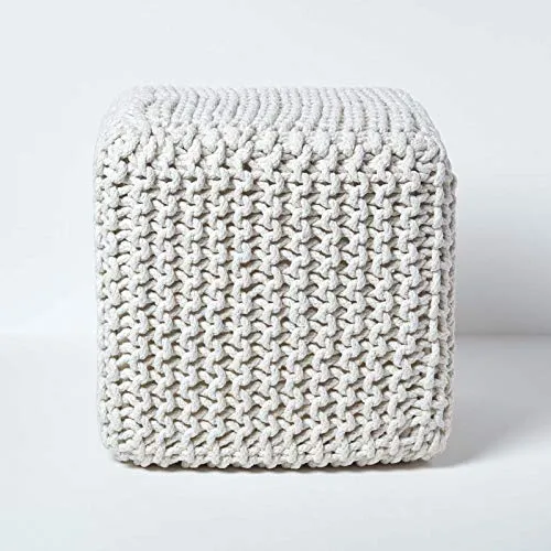 HOMESCAPES Pouf carré tressé en Tricot, Pouf Cube Coloris Blanc cassé, 35x35x35 cm