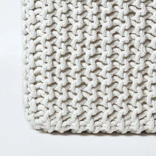HOMESCAPES Pouf carré tressé en Tricot, Pouf Cube Coloris Blanc cassé, 35x35x35 cm
