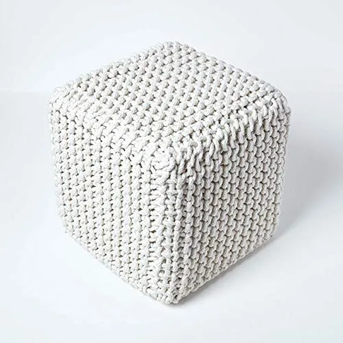 HOMESCAPES Pouf carré tressé en Tricot, Pouf Cube Coloris Blanc cassé, 35x35x35 cm