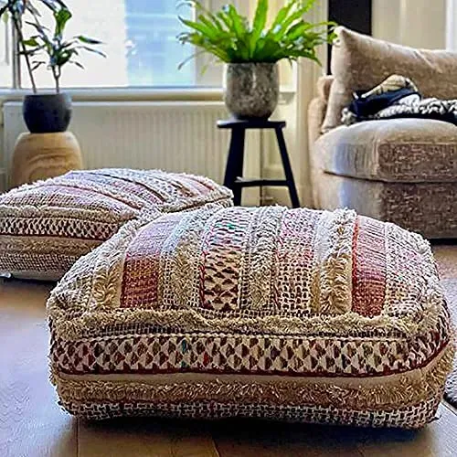 Coussin de Sol Bohème - Mélange Pure Laine et Coton - Remplissage Non Inclus - 60x20cm - Pouf Pouf Patchwork Fait Main Pouf Pouf