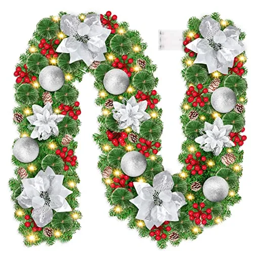 Guirlande Sapin Artificiel, 9pieds Guirlande Noel Sapin avec 30 LED, Guirlande Sapin de Noel à Piles avec fleurs, boules, pomme de pin our porte d'entrée/Cheminée/Escalier/Arbre de Noël/Arche (argent)