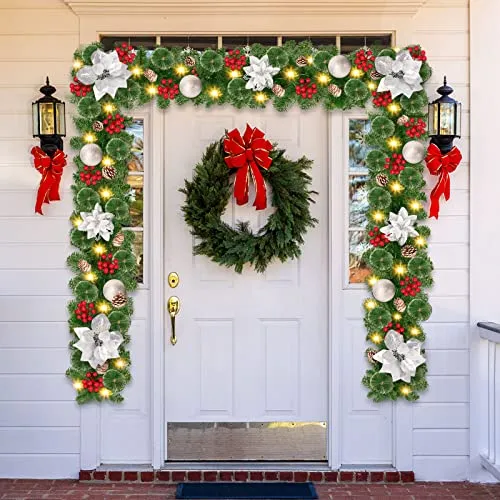 Guirlande Sapin Artificiel, 9pieds Guirlande Noel Sapin avec 30 LED, Guirlande Sapin de Noel à Piles avec fleurs, boules, pomme de pin our porte d'entrée/Cheminée/Escalier/Arbre de Noël/Arche (argent)