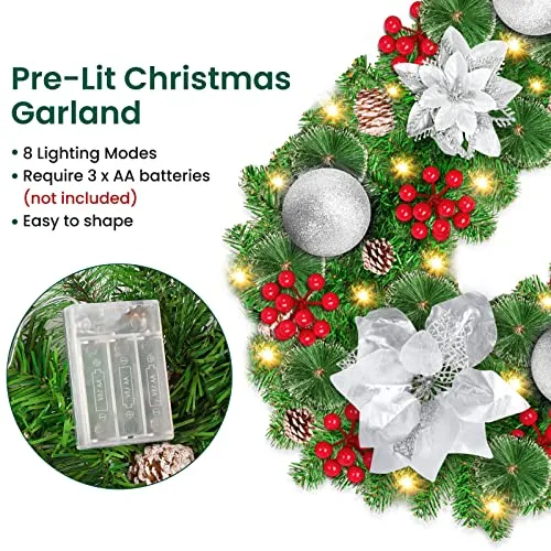 Guirlande Sapin Artificiel, 9pieds Guirlande Noel Sapin avec 30 LED, Guirlande Sapin de Noel à Piles avec fleurs, boules, pomme de pin our porte d'entrée/Cheminée/Escalier/Arbre de Noël/Arche (argent)