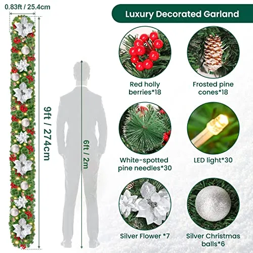 Guirlande Sapin Artificiel, 9pieds Guirlande Noel Sapin avec 30 LED, Guirlande Sapin de Noel à Piles avec fleurs, boules, pomme de pin our porte d'entrée/Cheminée/Escalier/Arbre de Noël/Arche (argent)