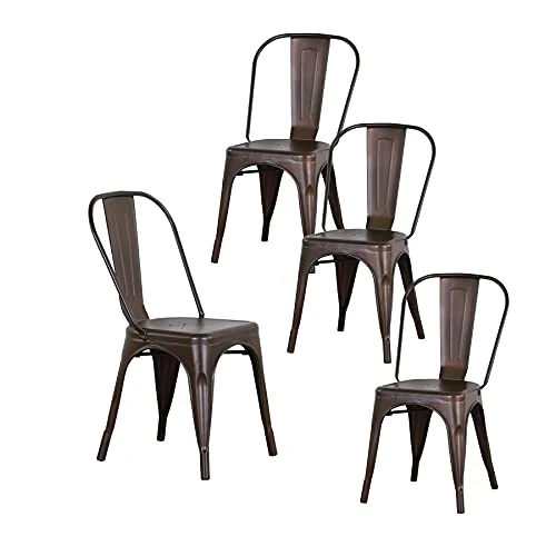 GrandCA Home Lot de 4 Chaises de Salle à Manger Empilables en Métal Chaises de Cuisine de Style Intérieur et Extérieur en Détresse, Marron