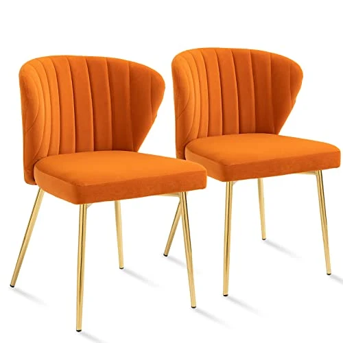 chaises de Salle à Manger Modernes en Velours - avec Pieds en métal doré - pour Salle à Manger, Cuisine, Le Salon (Lot de 2, Orange)