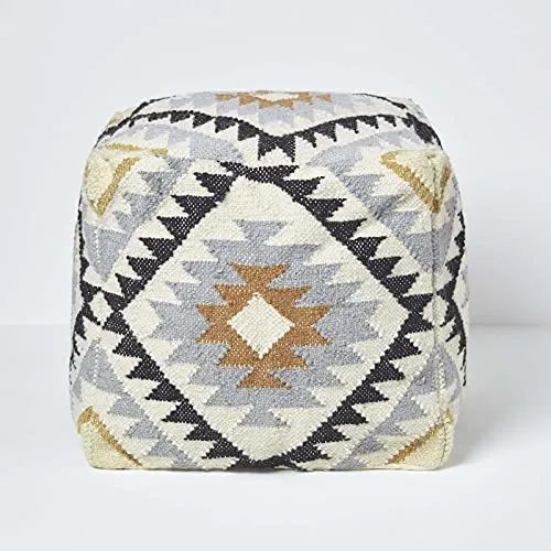 HOMESCAPES Pouf carré en Laine Kilim Agra, Pouf tressé à Motif géométrique, Pouf berbère et bohème déco 43 cm