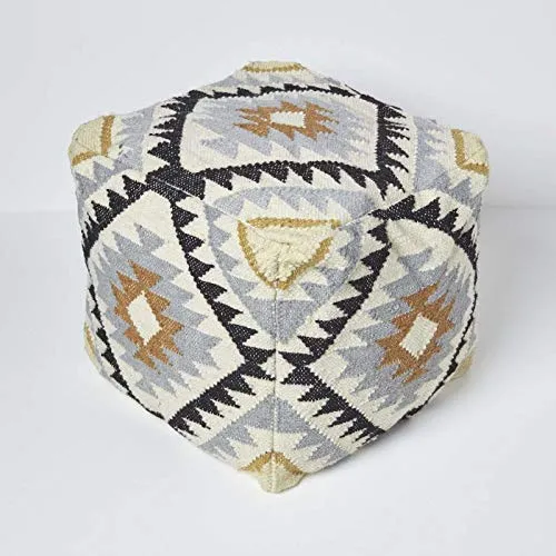 HOMESCAPES Pouf carré en Laine Kilim Agra, Pouf tressé à Motif géométrique, Pouf berbère et bohème déco 43 cm