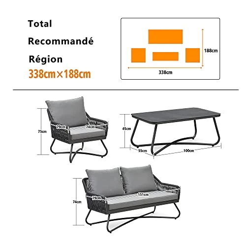 PURPLE LEAF Salon de Jardin Exterieur 4 Personnes avec Table Basse Salon Jardin pour Balcon Terrasse Canapé de Jardin avec Coussins, Andros